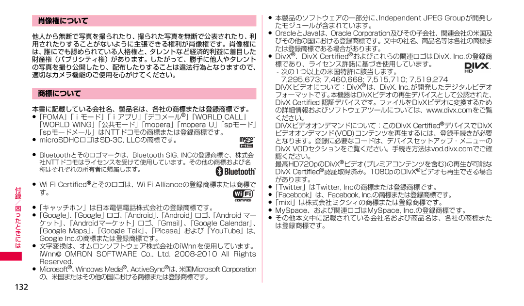 Samsung SGH-N023ZWNDCM, SGH-N023CWNDCM manual 132, 肖像権について, 商標について 