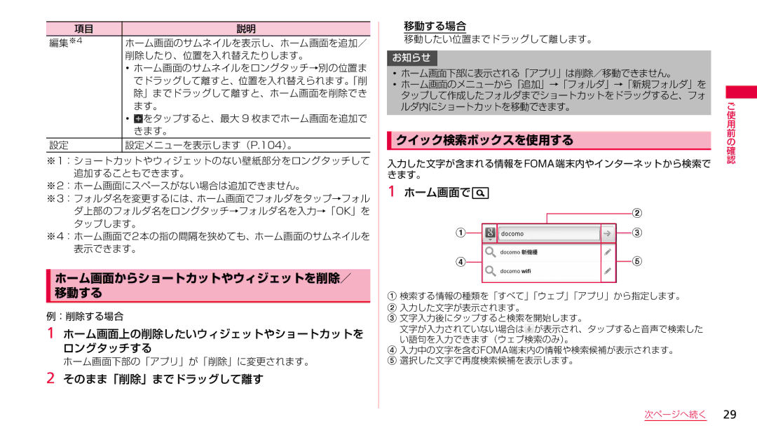 Samsung SGH-N023CWNDCM ホーム画面上の削除したいウィジェットやショートカットを ロングタッチする, そのまま「削除」までドラッグして離す, ホーム画面でs, ホーム画面からショートカットやウィジェットを削除／ 移動する 