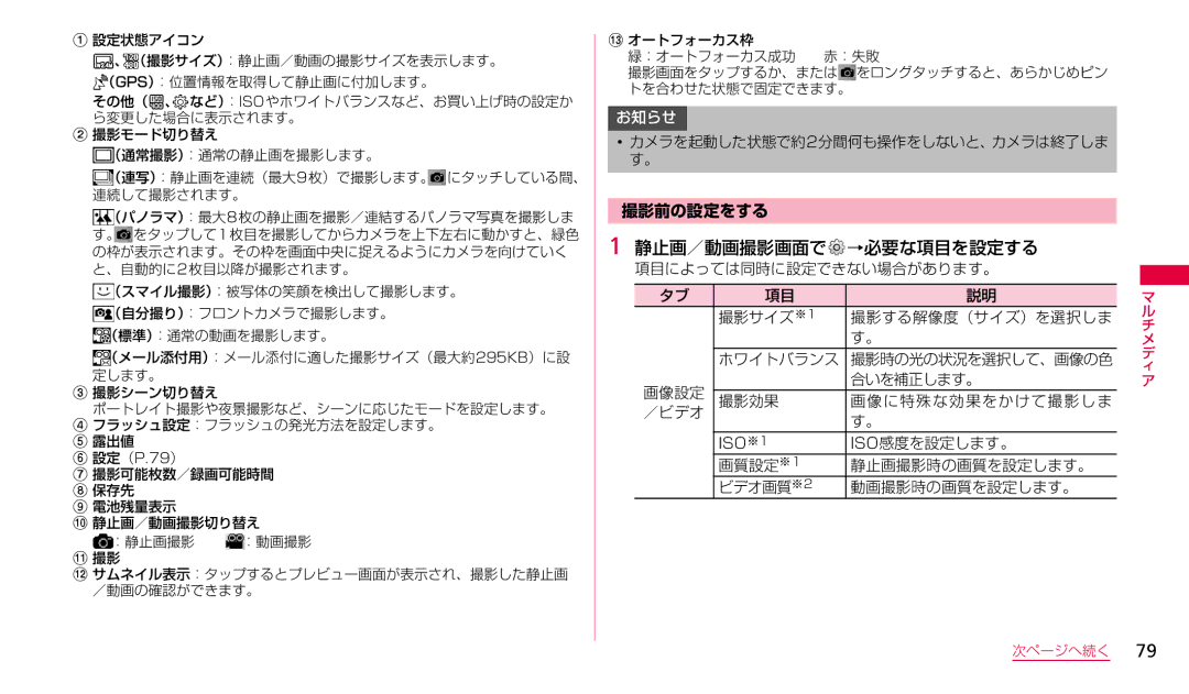 Samsung SGH-N023CWNDCM, SGH-N023ZWNDCM manual 静止画／動画撮影画面で →必要な項目を設定する, 撮影前の設定をする 