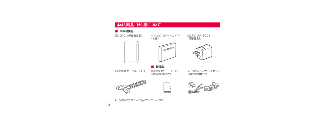 Samsung SGH-N023ZWNDCM, SGH-N023CWNDCM 本体付属品 SC-01C（保証書含む） クイックスタートガイド, （本書） （保証書含む） 試供品, （取扱説明書付き） その他のオプション品について→P.66 