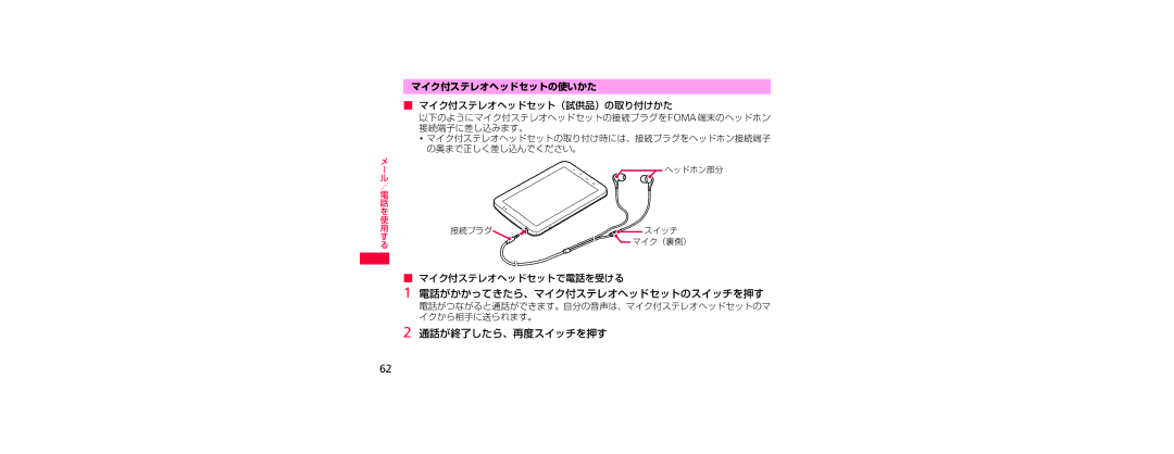 Samsung SGH-N023ZWNDCM 電話がかかってきたら、マイク付ステレオヘッドセットのスイッチを押す, 通話が終了したら、再度スイッチを押す, マイク付ステレオヘッドセットの使いかた, マイク付ステレオヘッドセットで電話を受ける 