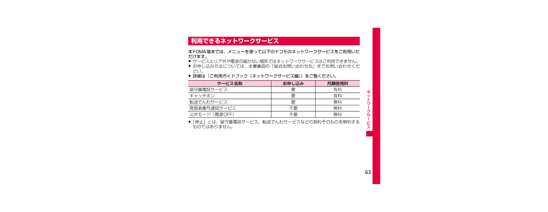 Samsung SGH-N023CWNDCM, SGH-N023ZWNDCM manual 利用できるネットワークサービス, 本foma端末では、メニューを使って以下のドコモのネットワークサービスをご利用いた だけます。 