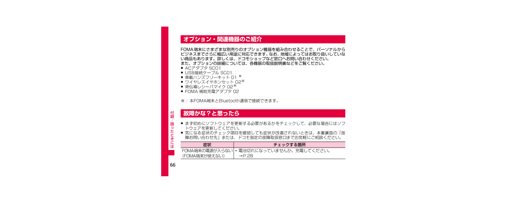 Samsung SGH-N023ZWNDCM manual オプション・関連機器のご紹介, 故障かな？と思ったら, また、オプションの詳細については、各機器の取扱説明書などをご覧ください。, ･ 電池切れになっていませんか。充電してください。 