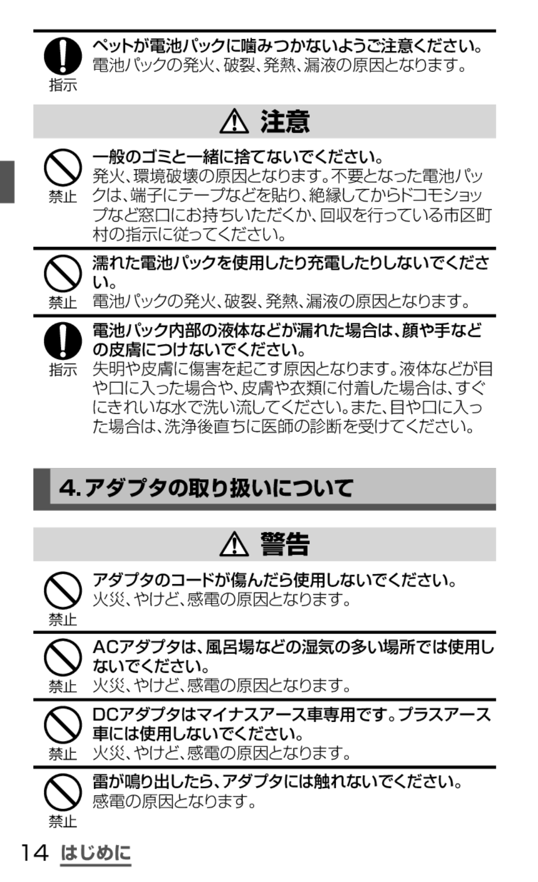 Samsung SGH-N035TANDCM, SGH-N035OKNDCM manual アダプタの取り扱いについて, 14 はじめに, 一般のゴミと一緒に捨てないでください。 