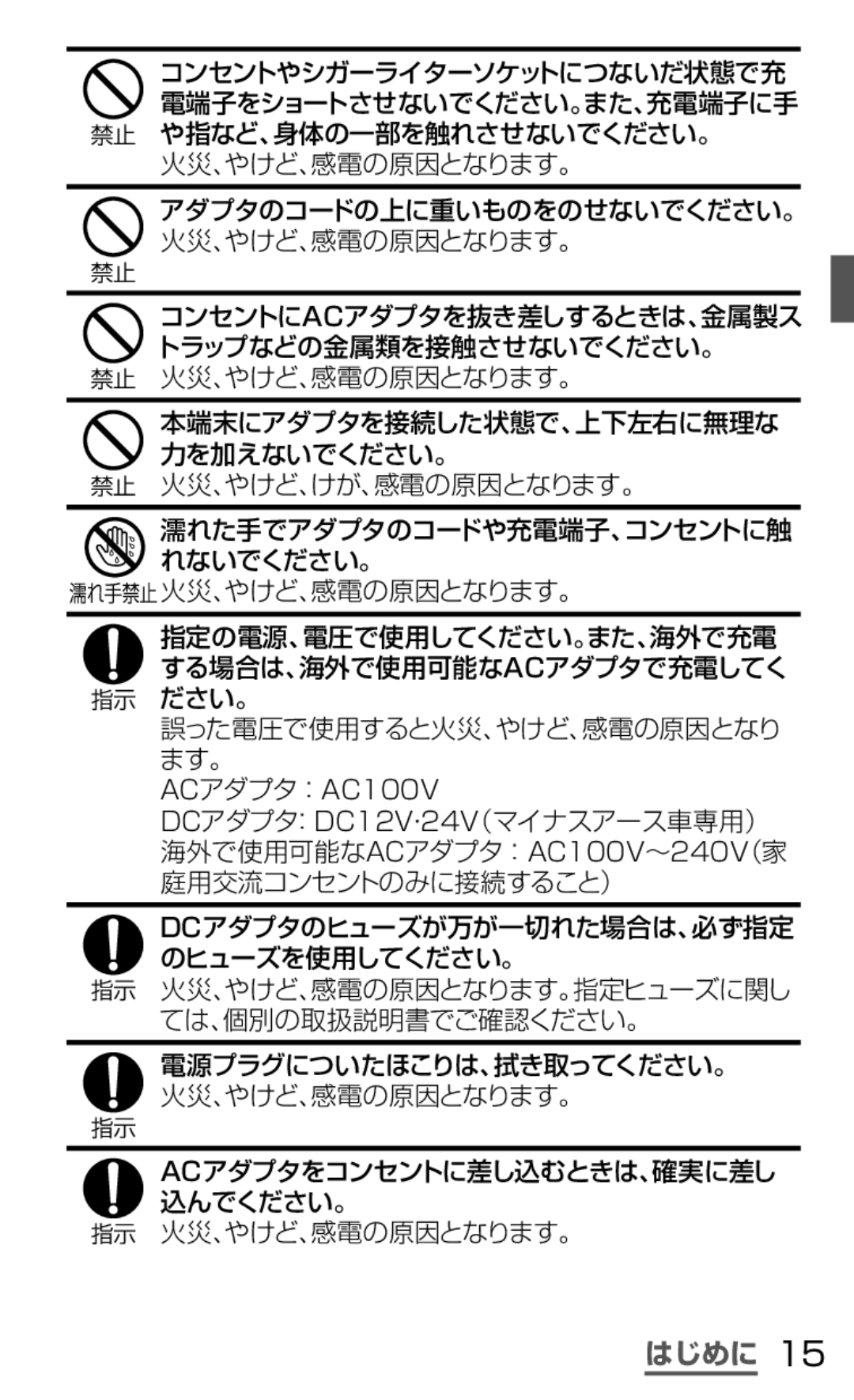 Samsung SGH-N035OKNDCM, SGH-N035TANDCM manual コンセントにacアダプタを抜き差しするときは、金属製ス トラップなどの金属類を接触させないでください。 