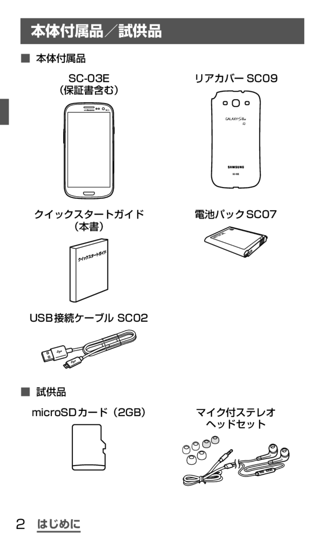 Samsung SGH-N035TANDCM, SGH-N035OKNDCM manual 本体付属品／試供品, はじめに 