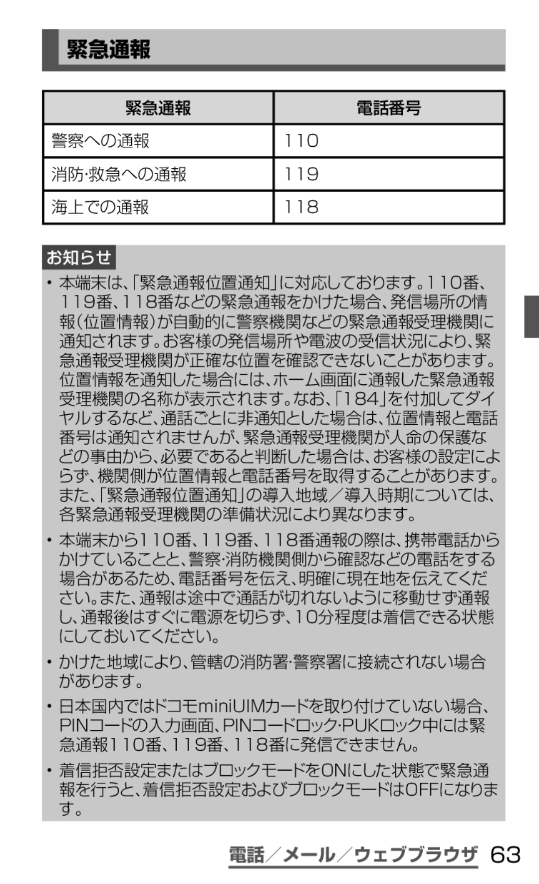 Samsung SGH-N035OKNDCM, SGH-N035TANDCM manual 電話／メール／ウェブブラウザ, 緊急通報 電話番号 警察への通報, 消防・救急への通報, 海上での通報 