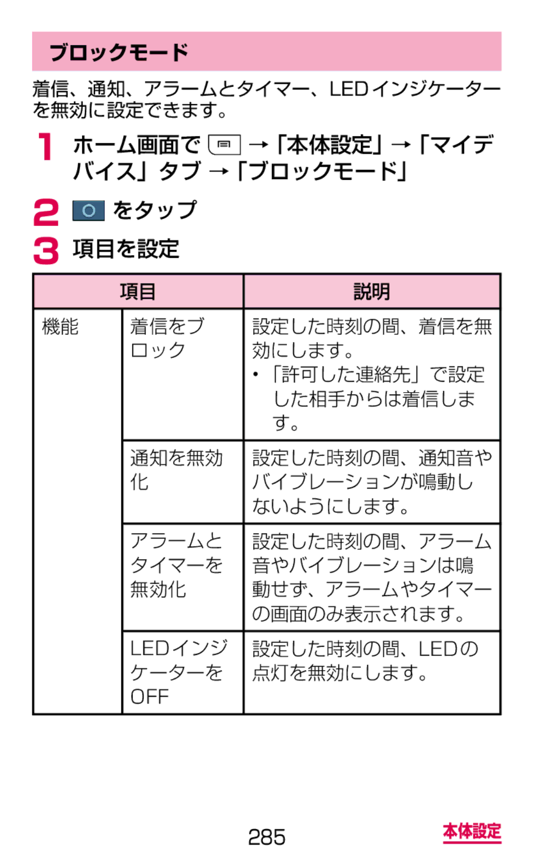 Samsung SGH-N035OKNDCM, SGH-N035TANDCM manual ホーム画面で →「本体設定」→「マイデ バイス」タブ →「ブロックモード」 をタップ 項目を設定 