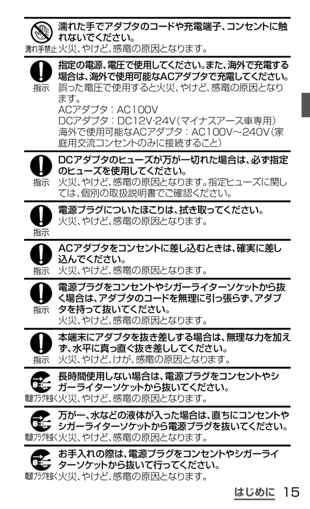 Samsung SGH-N064RW3DCM manual ＡＣアダプタ：ＡＣ１００Ｖ ＤＣアダプタ：ＤＣ１２Ｖ・２４Ｖ（マイナスアース車専用）, Dcアダプタのヒューズが万が一切れた場合は、必ず指定 のヒューズを使用してください。 