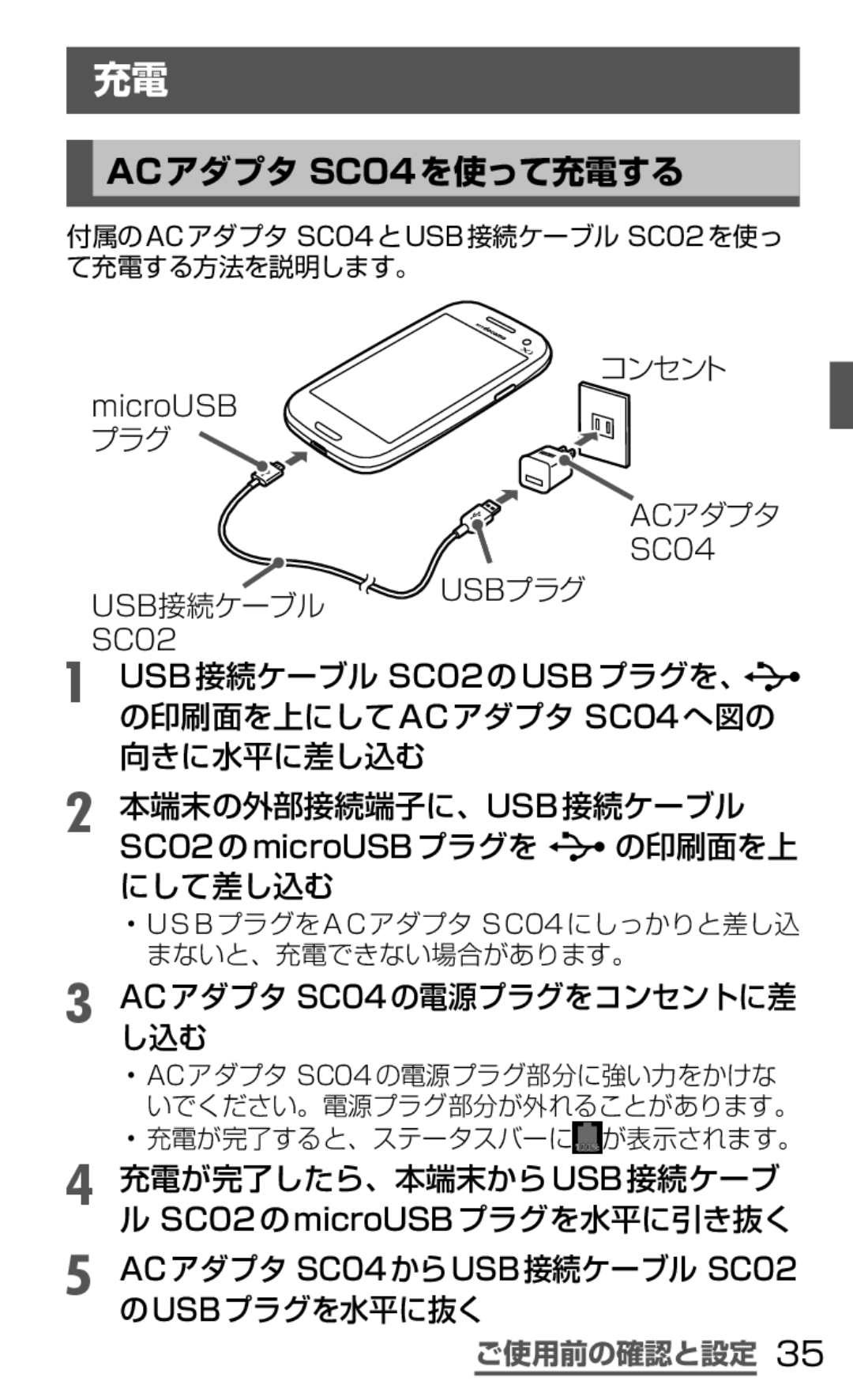 Samsung SGH-N064RW3DCM, SGH-N064MB3DCM manual ACアダプタ SC04を使って充電する, ACアダプタ SC04の電源プラグをコンセントに差 し込む, 充電が完了したら、本端末からusb接続ケーブ 