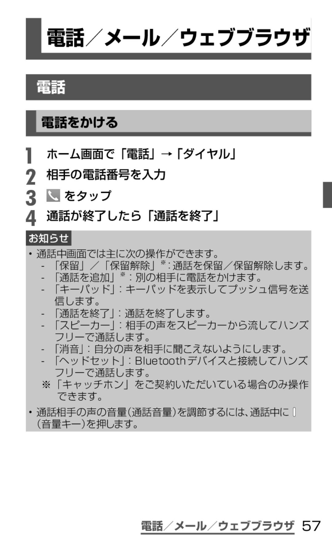 Samsung SGH-N064RW3DCM, SGH-N064MB3DCM manual 電話をかける, をタップ 通話が終了したら「通話を終了」, 電話／メール／ウェブブラウザ 