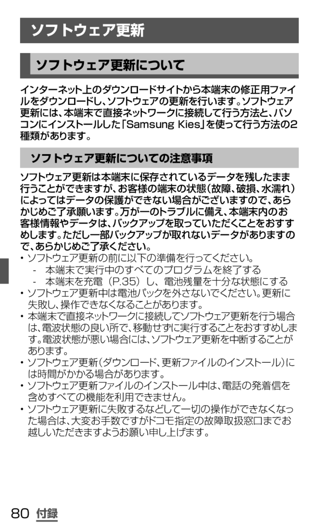 Samsung SGH-N064MB3DCM, SGH-N064RW3DCM manual ソフトウェア更新についての注意事項, 80 付録 