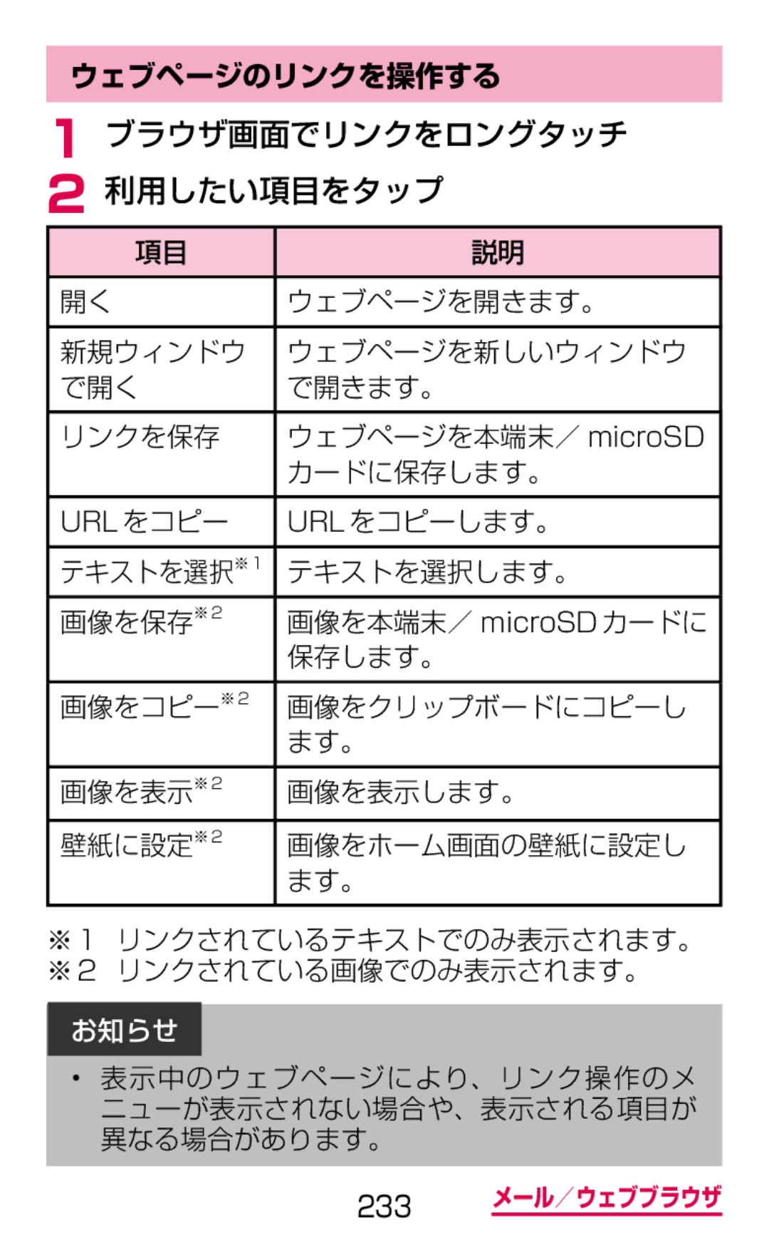 Samsung SGH-N064RW3DCM, SGH-N064MB3DCM manual ブラウザ画面でリンクをロングタッチ 利用したい項目をタップ, ウェブページのリンクを操作する 