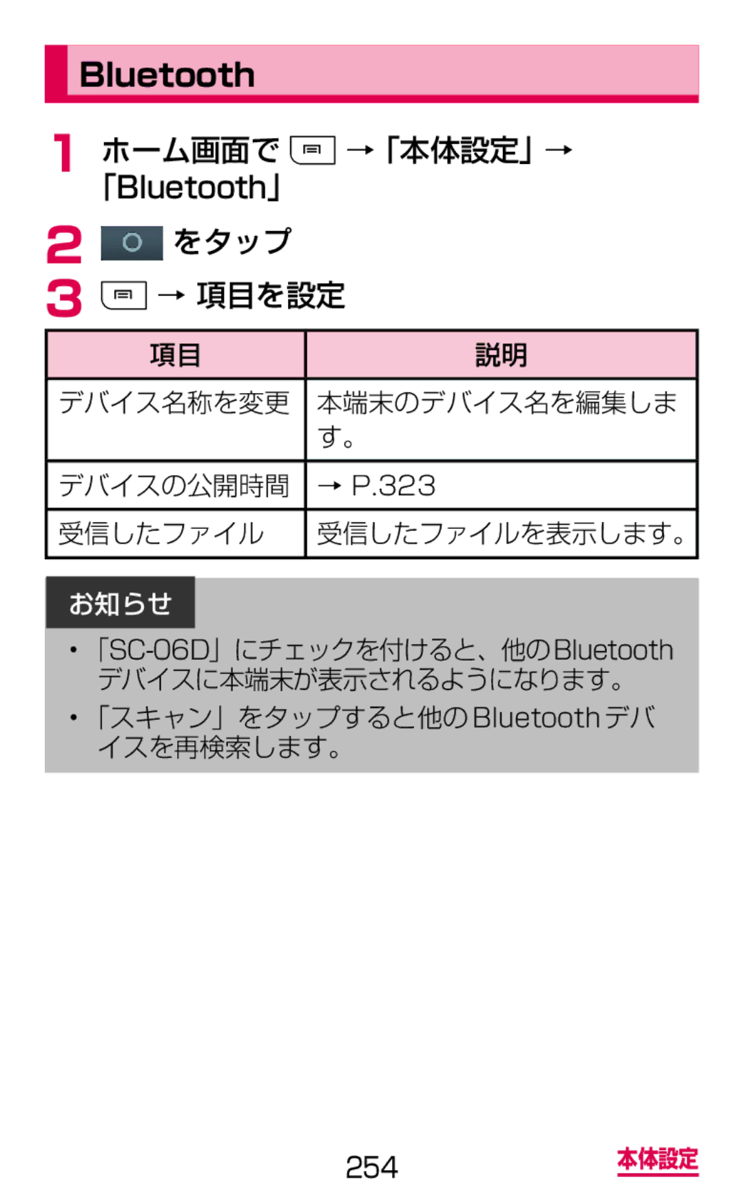 Samsung SGH-N064MB3DCM manual ホーム画面で →「本体設定」→ 「Bluetooth」 をタップ → 項目を設定, デバイス名称を変更 本端末のデバイス名を編集しま デバイスの公開時間, 受信したファイル 