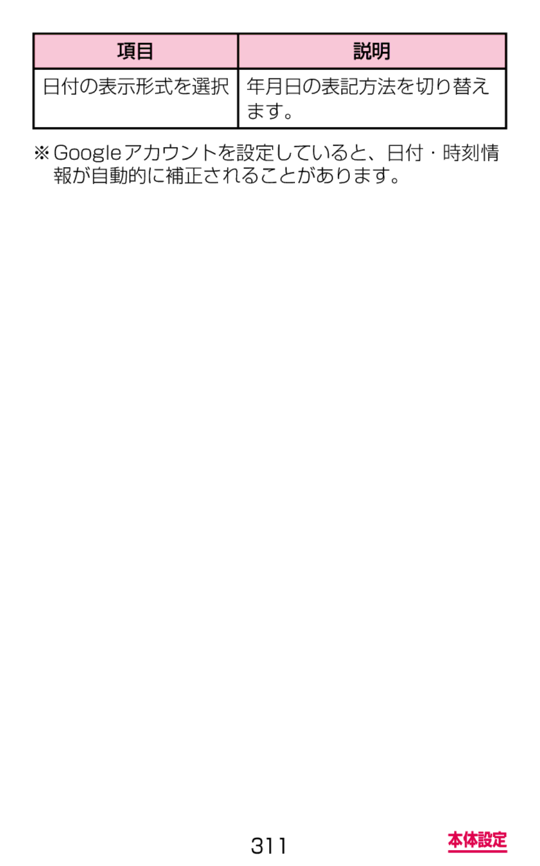 Samsung SGH-N064RW3DCM, SGH-N064MB3DCM manual ※Googleアカウントを設定していると、日付・時刻情 報が自動的に補正されることがあります。 