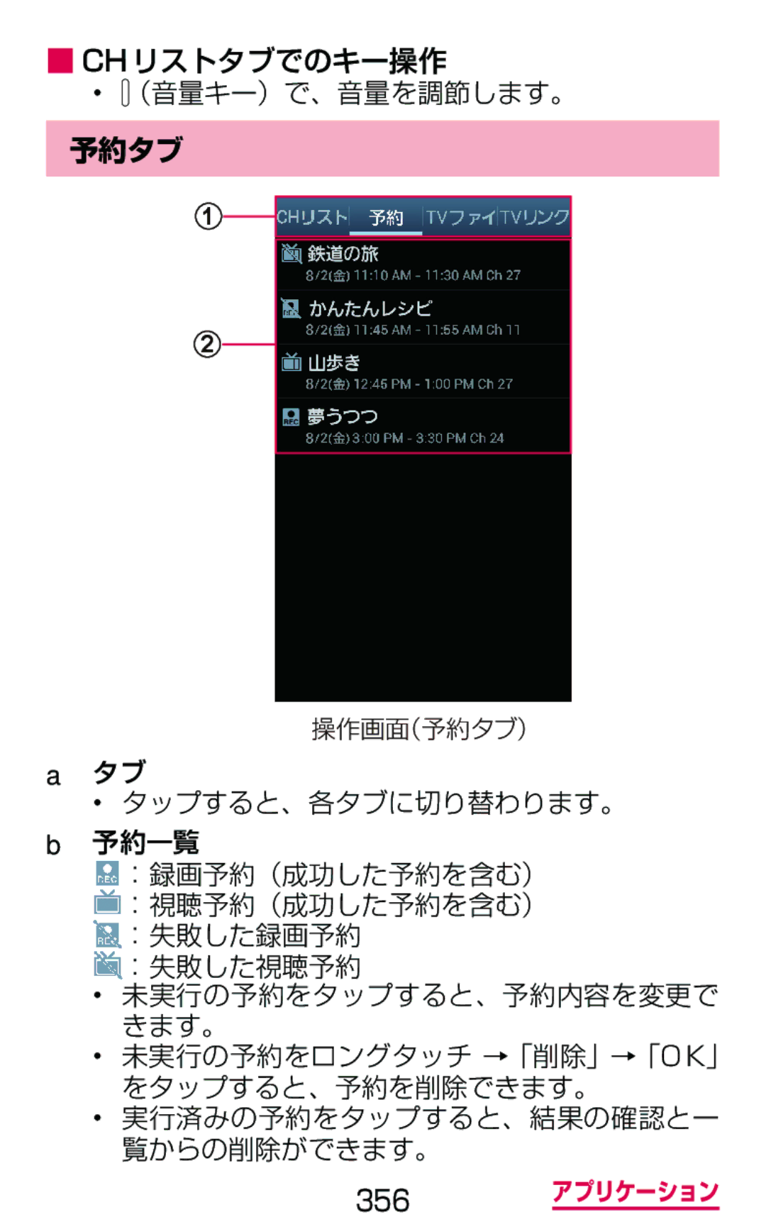 Samsung SGH-N064MB3DCM, SGH-N064RW3DCM Chリストタブでのキー操作 （音量キー）で、音量を調節します。, 予約タブ, 未実行の予約をロングタッチ →「削除」→「O K」 をタップすると、予約を削除できます。 