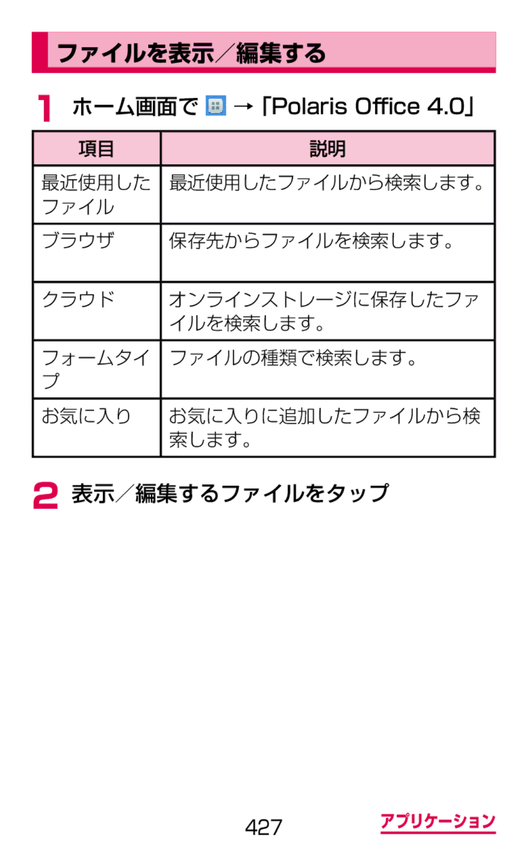 Samsung SGH-N064RW3DCM, SGH-N064MB3DCM manual ファイルを表示／編集する, 表示／編集するファイルをタップ 