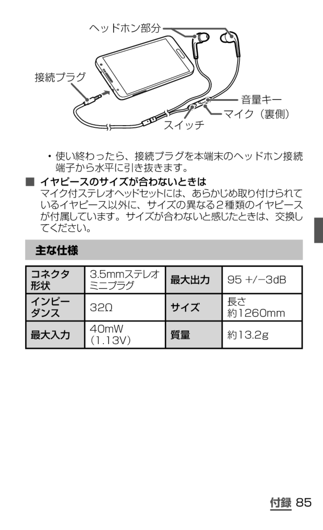 Samsung SGH-N075ZBEDCM, SGH-N075ZIEDCM, SGH-N075ZWEDCM manual ヘッドホン部分 接続プラグ, スイッチ, 主な仕様 