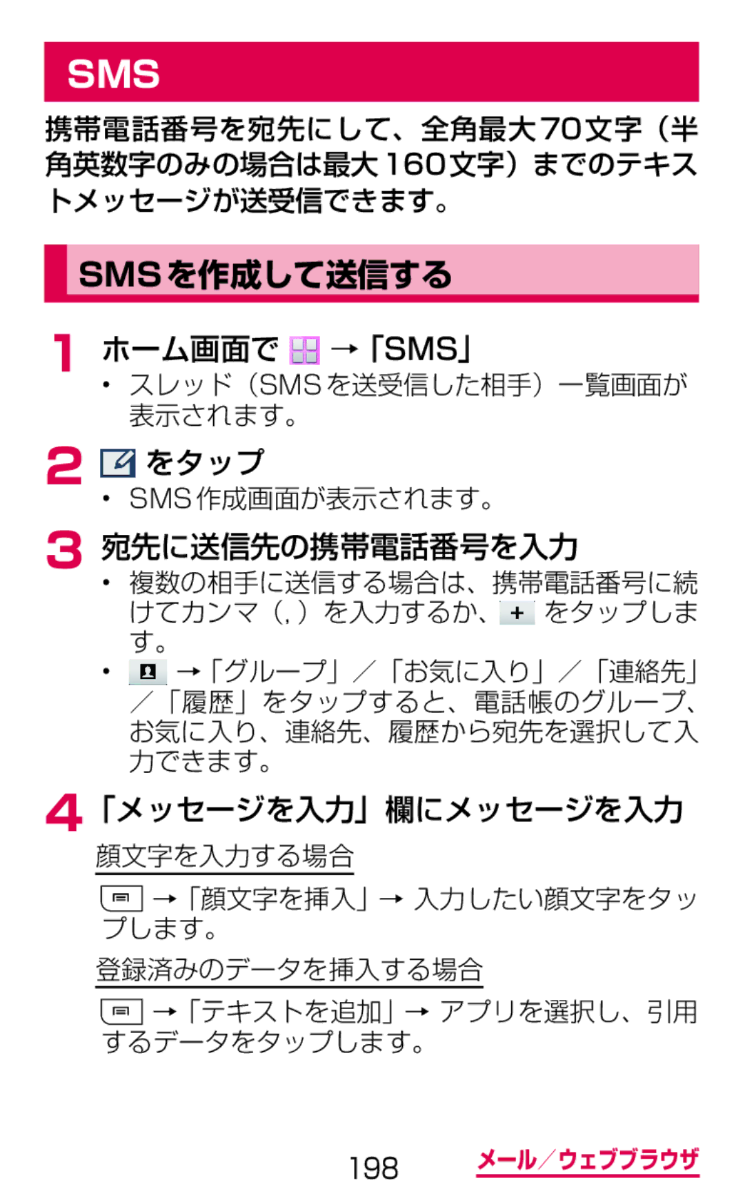 Samsung SGH-N075ZWEDCM, SGH-N075ZBEDCM, SGH-N075ZIEDCM Smsを作成して送信する, ホーム画面で →「Sms」, 宛先に送信先の携帯電話番号を入力, 「メッセージを入力」欄にメッセージを入力 