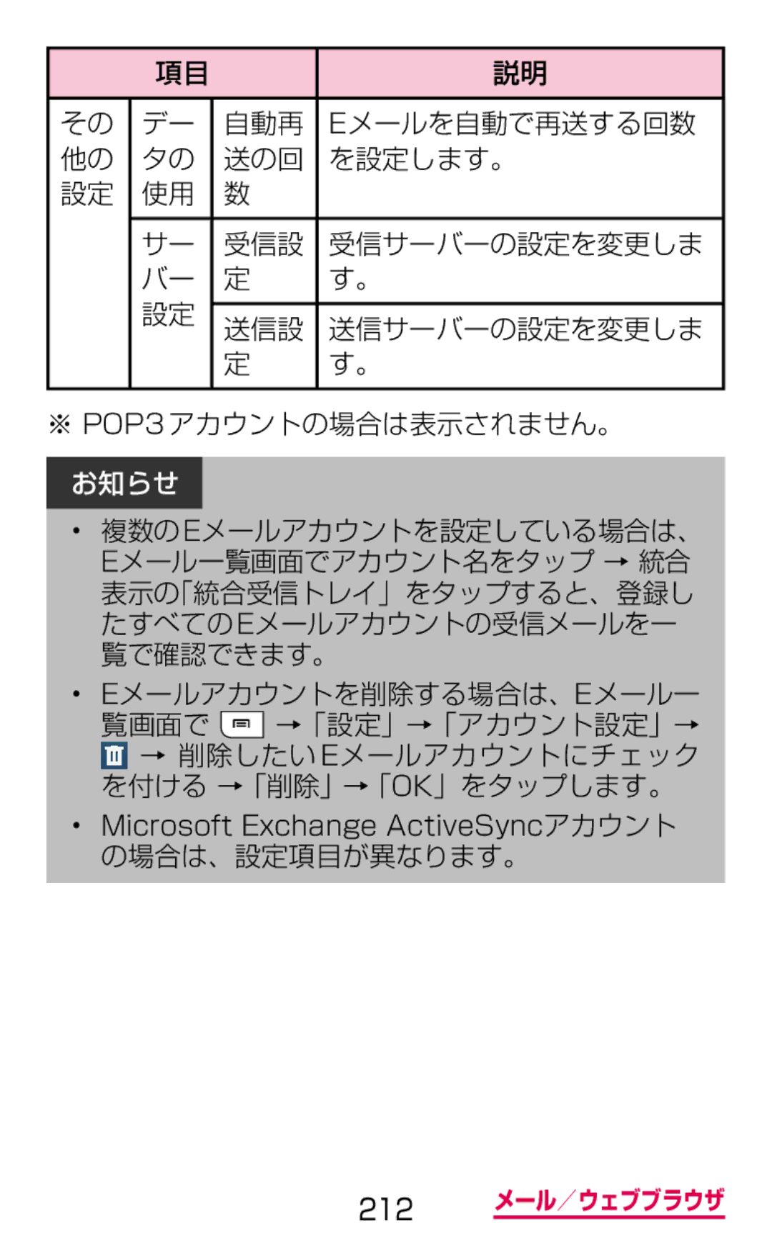 Samsung SGH-N075ZIEDCM, SGH-N075ZBEDCM manual Eメールアカウントを削除する場合は、Eメール一, Microsoft Exchange ActiveSyncアカウント の場合は、設定項目が異なります。 