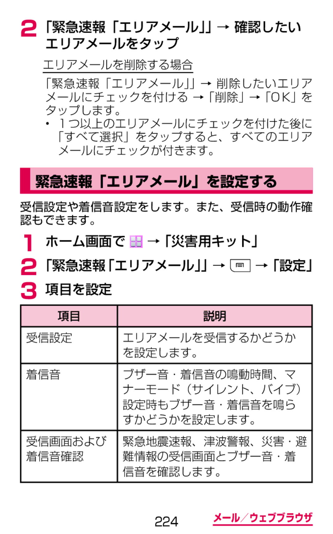 Samsung SGH-N075ZIEDCM 緊急速報「エリアメール」を設定する, 「緊急速報「エリアメール」」→ 確認したい エリアメールをタップ, ホーム画面で →「災害用キット」 「緊急速報「エリアメール」」→ →「設定」 項目を設定 