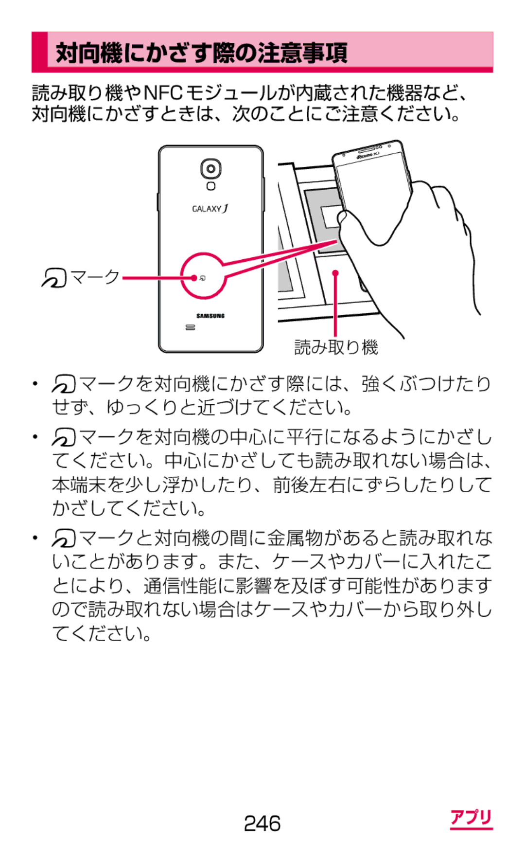 Samsung SGH-N075ZWEDCM, SGH-N075ZBEDCM, SGH-N075ZIEDCM manual 対向機にかざす際の注意事項 