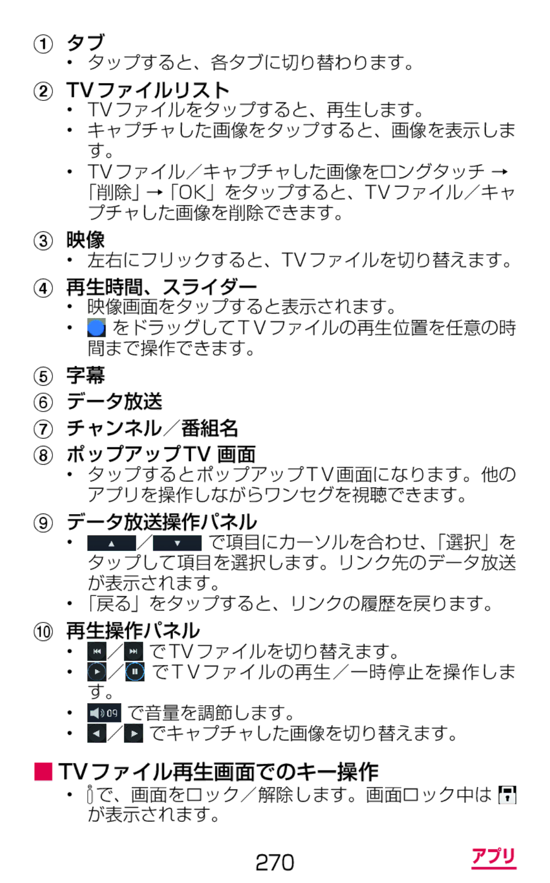 Samsung SGH-N075ZWEDCM, SGH-N075ZBEDCM manual Tvファイルリスト, 再生時間、スライダー, データ放送 チャンネル／番組名 ポップアップtv 画面, 再生操作パネル, Tvファイル再生画面でのキー操作 