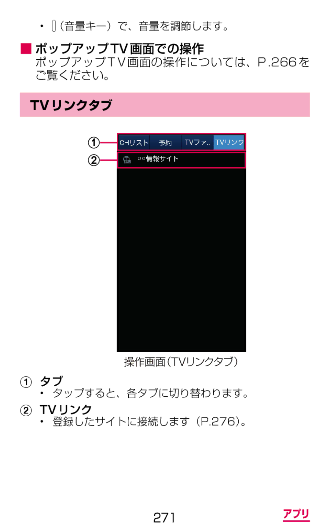 Samsung SGH-N075ZBEDCM, SGH-N075ZIEDCM, SGH-N075ZWEDCM manual ポップアップTV画面での操作 ポップアップT V画面の操作については、P .266 を ご覧ください。, Tvリンクタブ 