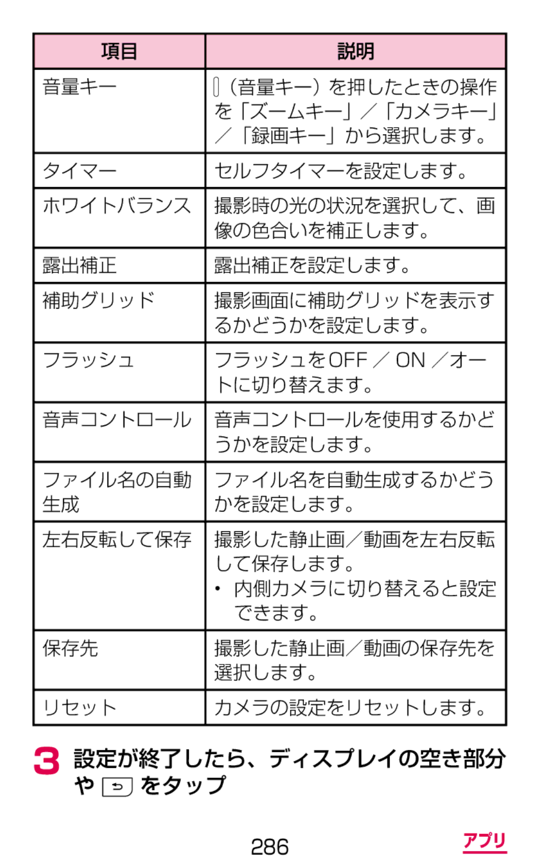 Samsung SGH-N075ZBEDCM, SGH-N075ZIEDCM, SGH-N075ZWEDCM manual 設定が終了したら、ディスプレイの空き部分 や をタップ, ／「録画キー」から選択します。, トに切り替えます。 