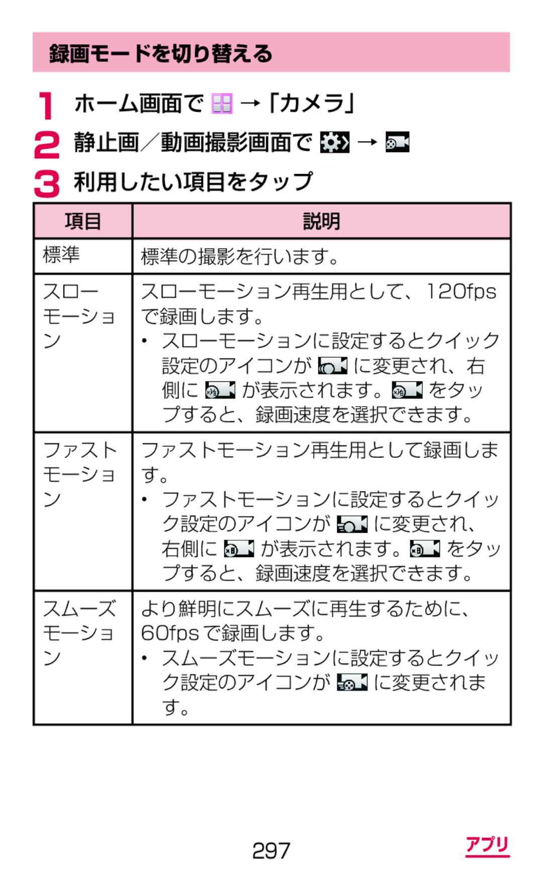 Samsung SGH-N075ZWEDCM, SGH-N075ZBEDCM, SGH-N075ZIEDCM manual 録画モードを切り替える 