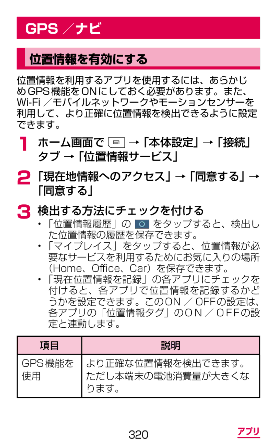 Samsung SGH-N075ZIEDCM, SGH-N075ZBEDCM, SGH-N075ZWEDCM manual 位置情報を有効にする 