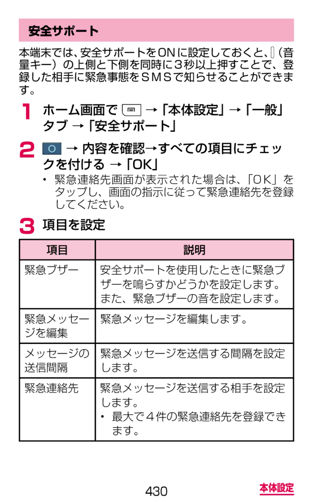 Samsung SGH-N075ZBEDCM, SGH-N075ZIEDCM, SGH-N075ZWEDCM manual 項目を設定, 安全サポート 