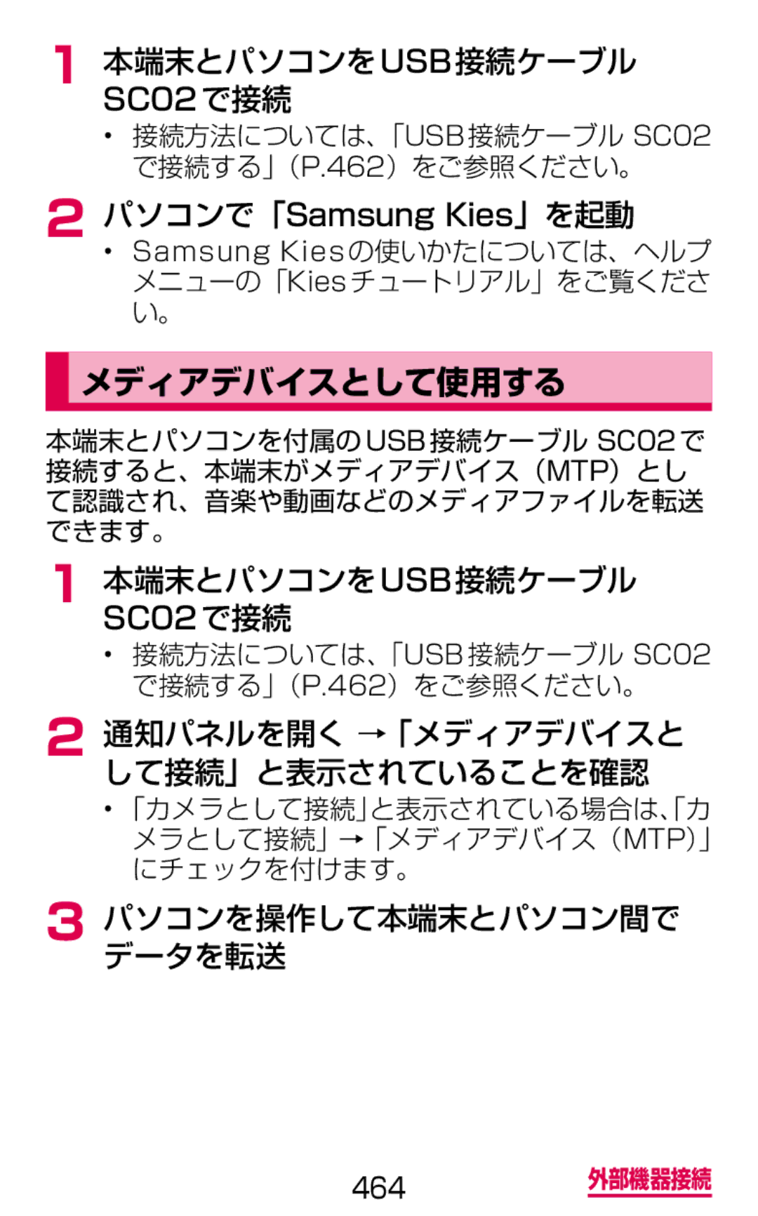 Samsung SGH-N075ZIEDCM, SGH-N075ZBEDCM, SGH-N075ZWEDCM manual メディアデバイスとして使用する, 本端末とパソコンをusb接続ケーブル, パソコンを操作して本端末とパソコン間で データを転送 