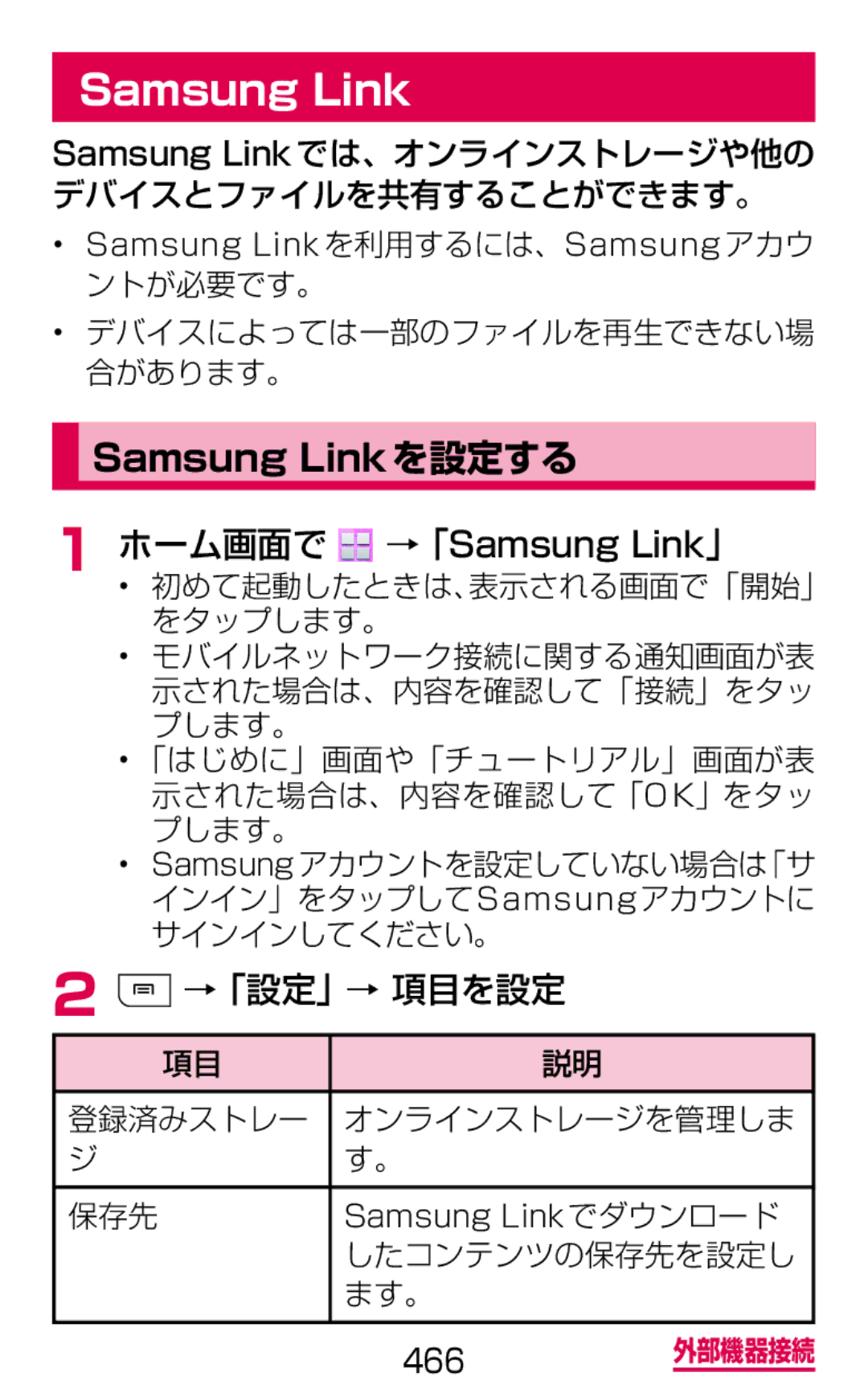 Samsung SGH-N075ZBEDCM, SGH-N075ZIEDCM, SGH-N075ZWEDCM manual →「設定」→ 項目を設定, 登録済みストレー オンラインストレージを管理しま 保存先, したコンテンツの保存先を設定し 