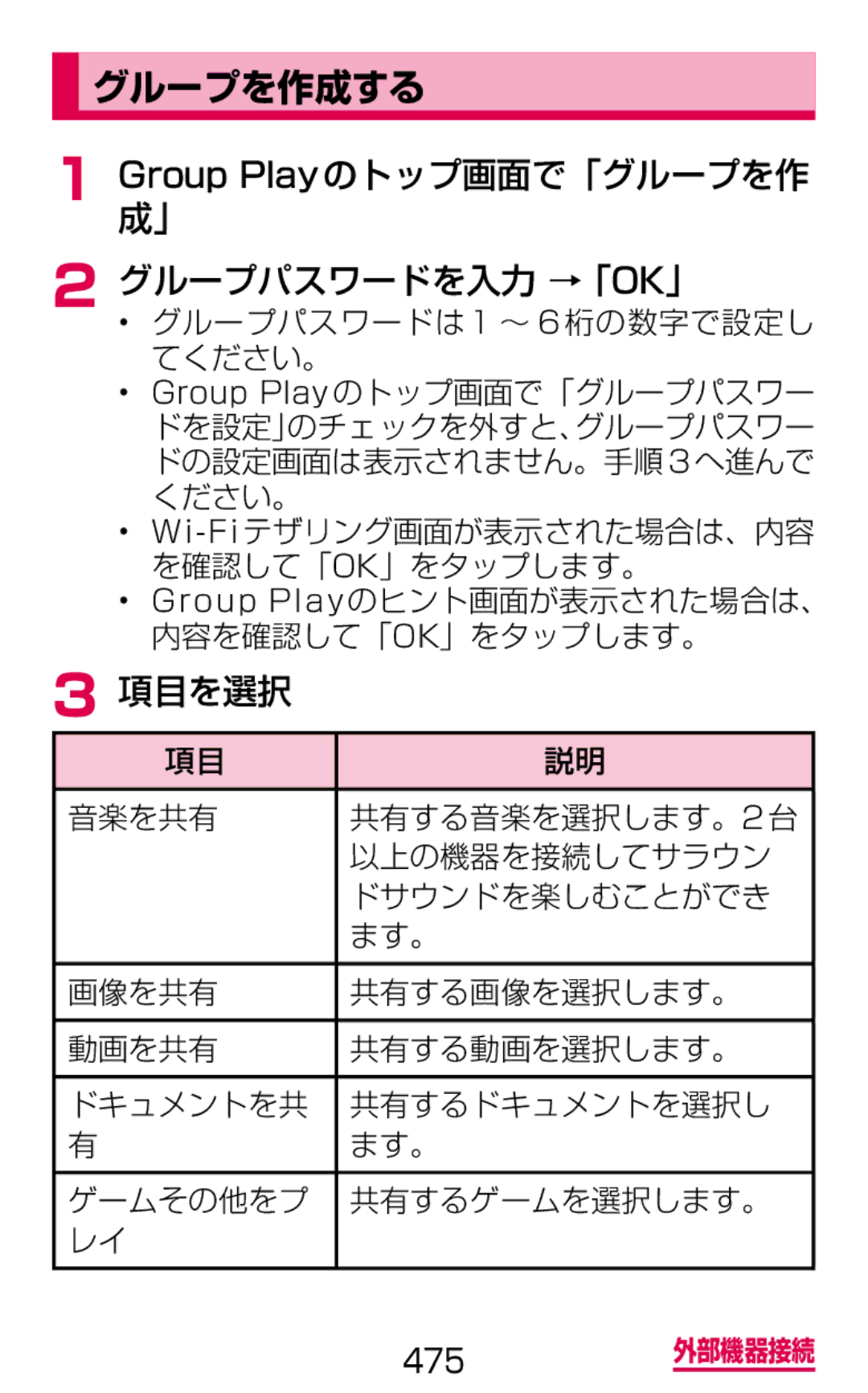 Samsung SGH-N075ZBEDCM グループを作成する, Group Playのトップ画面で「グループを作 成」 グループパスワードを入力 →「OK」, 項目を選択, グループパスワードは1 ～ 6桁の数字で設定し てください。 