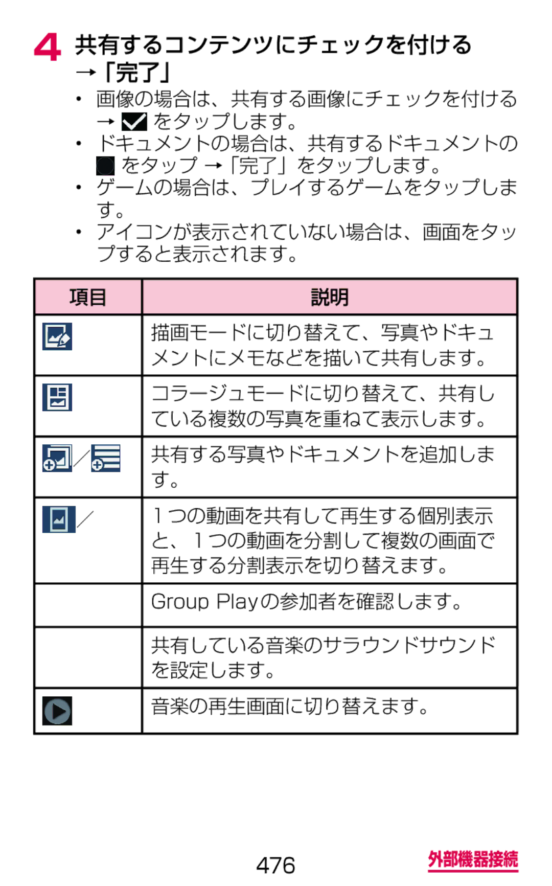 Samsung SGH-N075ZIEDCM, SGH-N075ZBEDCM, SGH-N075ZWEDCM manual 共有するコンテンツにチェックを付ける →「完了」, 音楽の再生画面に切り替えます。 