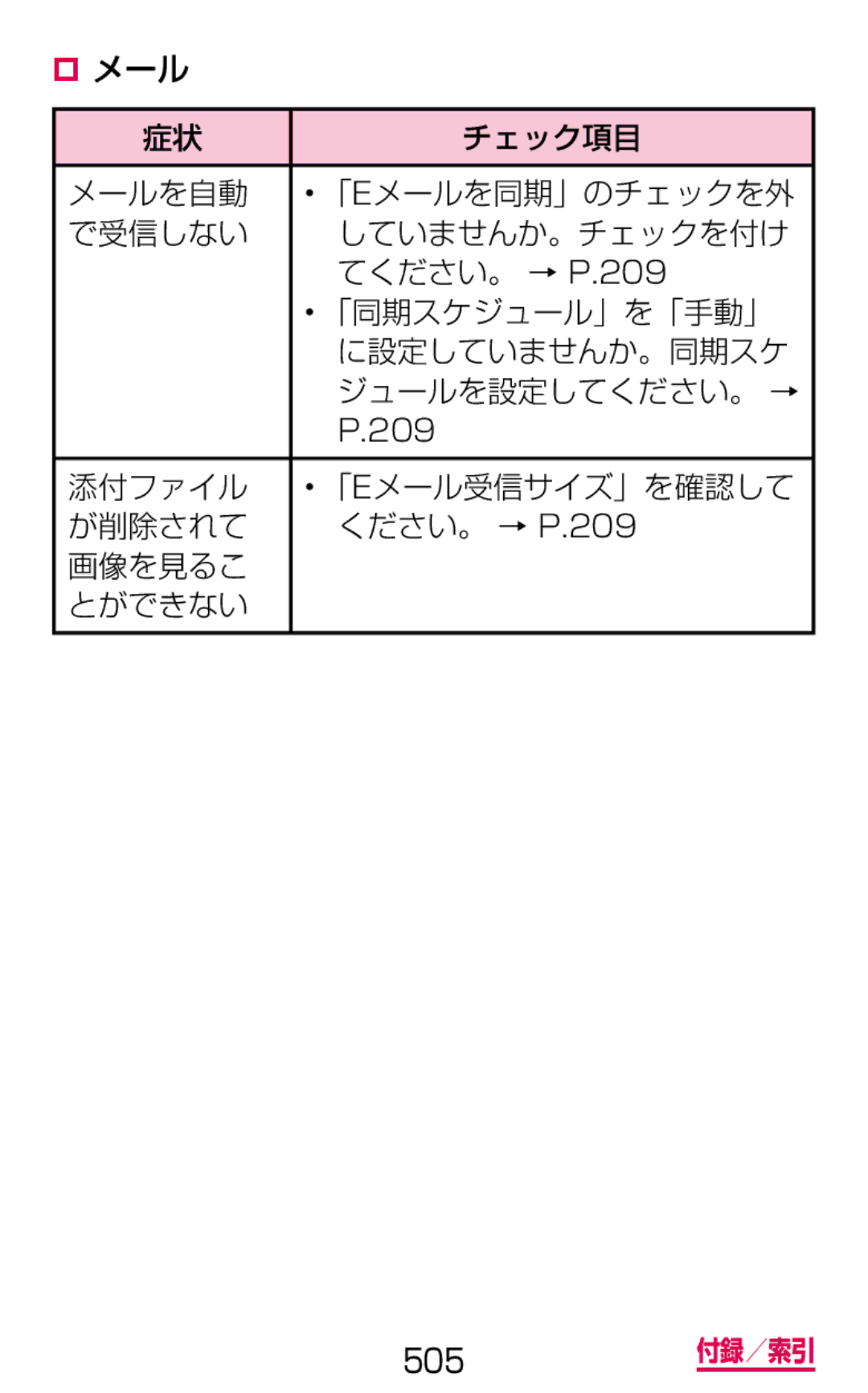 Samsung SGH-N075ZBEDCM, SGH-N075ZIEDCM, SGH-N075ZWEDCM manual 添付ファイル 「Eメール受信サイズ」を確認して が削除されて, 画像を見るこ とができない 