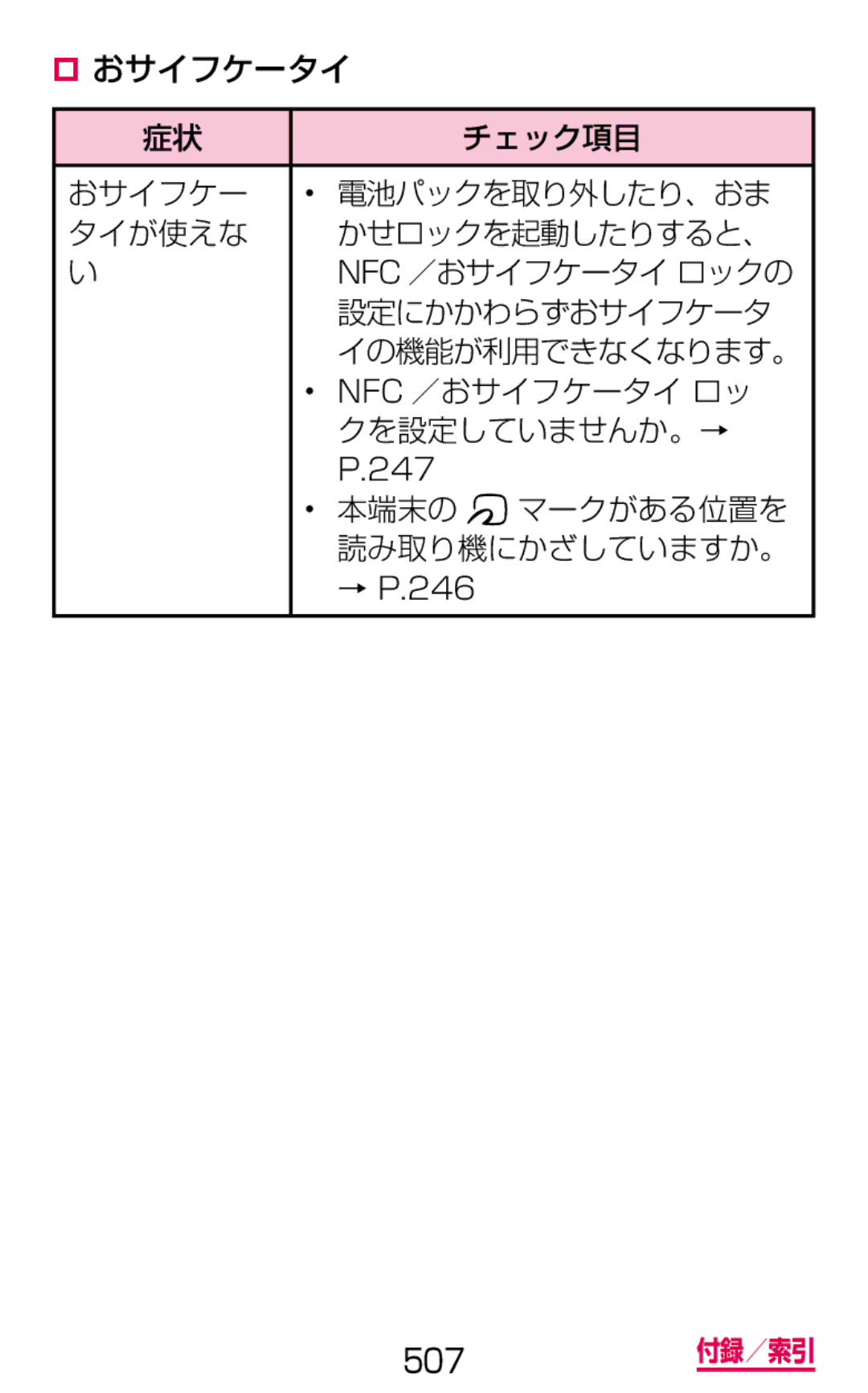 Samsung SGH-N075ZWEDCM, SGH-N075ZBEDCM, SGH-N075ZIEDCM manual ‡ おサイフケータイ チェック項目, タイが使えな かせロックを起動したりすると、 