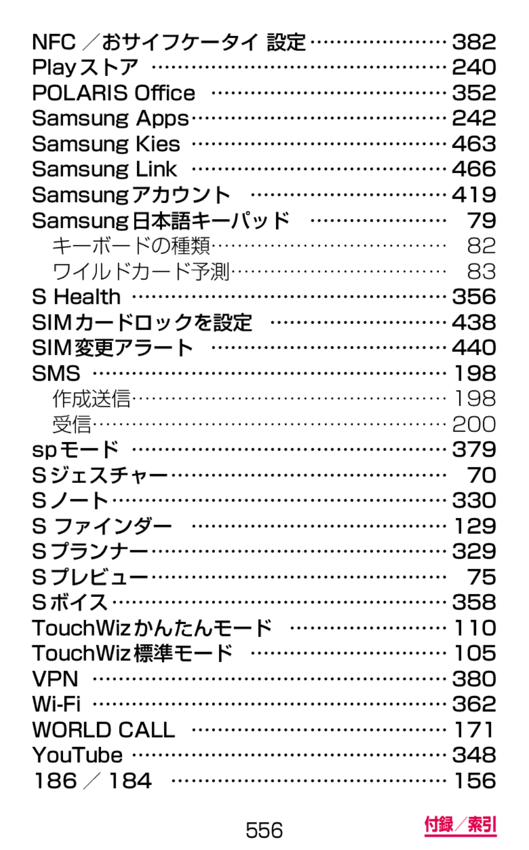 Samsung SGH-N075ZBEDCM, SGH-N075ZIEDCM, SGH-N075ZWEDCM manual 556 付録／索引 