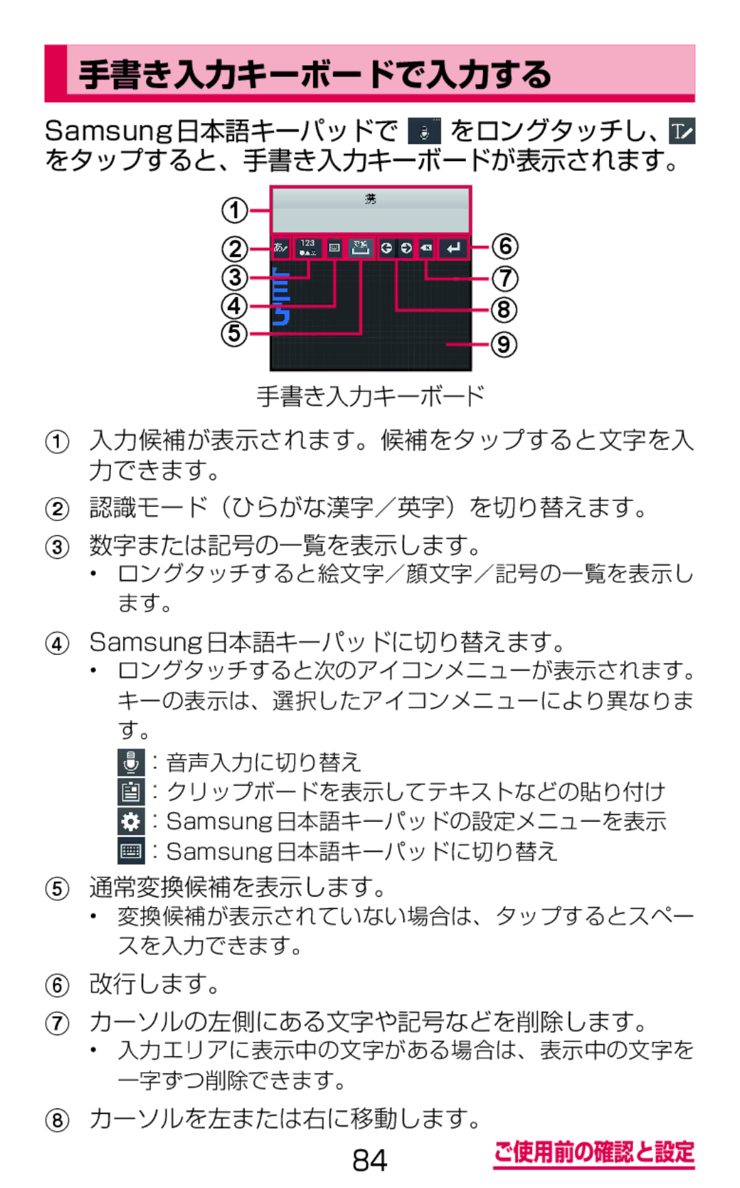 Samsung SGH-N075ZWEDCM, SGH-N075ZBEDCM, SGH-N075ZIEDCM manual 手書き入力キーボードで入力する, Samsung日本語キーパッドに切り替えます。 