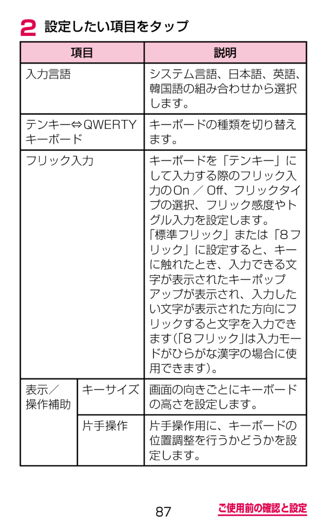 Samsung SGH-N075ZWEDCM, SGH-N075ZBEDCM, SGH-N075ZIEDCM manual 設定したい項目をタップ 