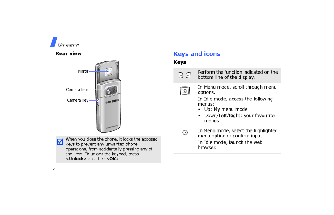 Samsung SGH-P260TSAFOP manual Keys and icons, Get started 