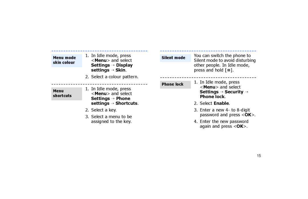 Samsung SGH-P260TSAFOP manual Silent mode, Phone lock, Menu, Shortcuts Settings → Phone, Settings → Security → 