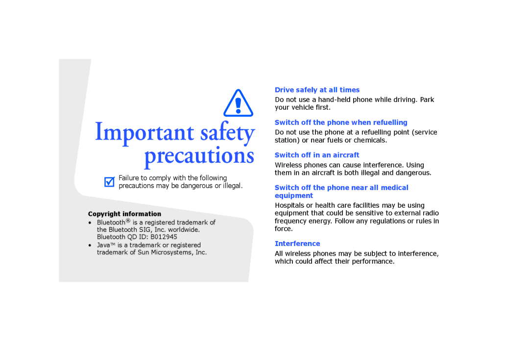 Samsung SGH-P260TSAFOP manual Important safety precautions 