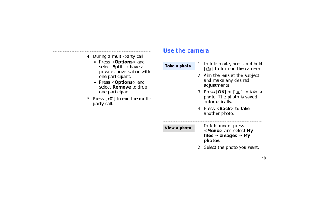 Samsung SGH-P260TSAFOP manual Use the camera, Idle mode, press, Menu and select My, Files → Images → My, Photos 