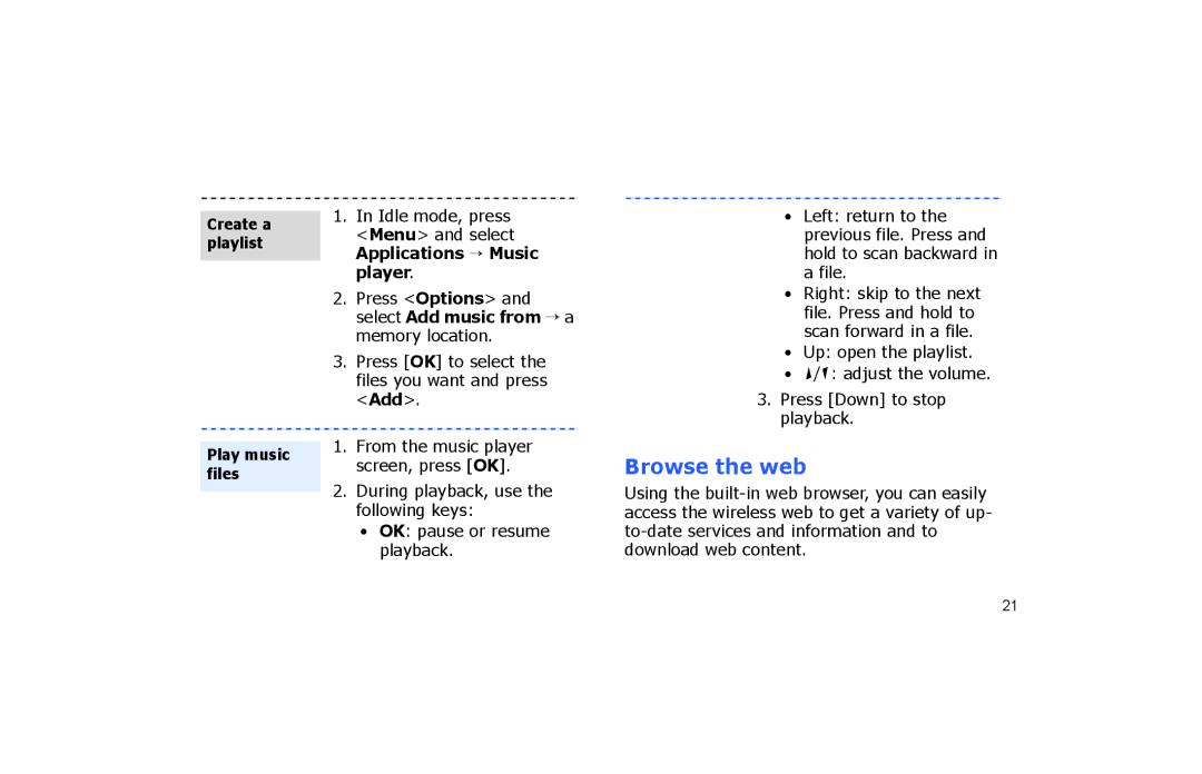 Samsung SGH-P260TSAFOP manual Browse the web, Create a, Playlist Applications → Music Player 