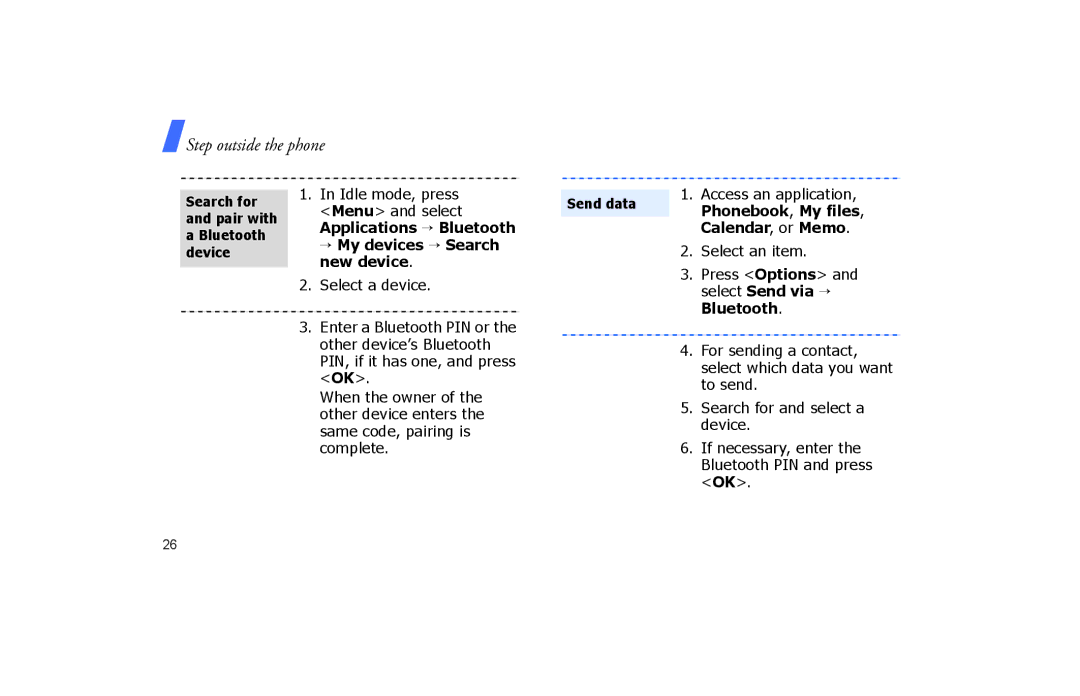 Samsung SGH-P260TSAFOP manual Search for Send data, Phonebook, My files, Calendar, or Memo, Bluetooth → My devices → Search 