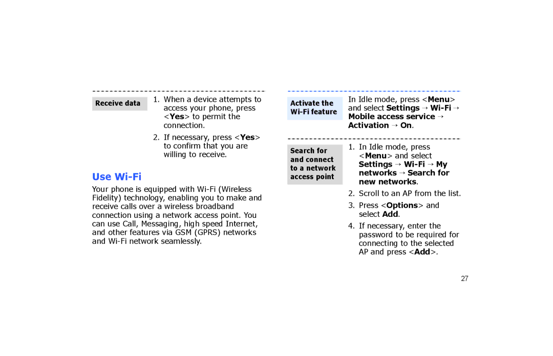 Samsung SGH-P260TSAFOP manual Use Wi-Fi, Receive data, New networks 