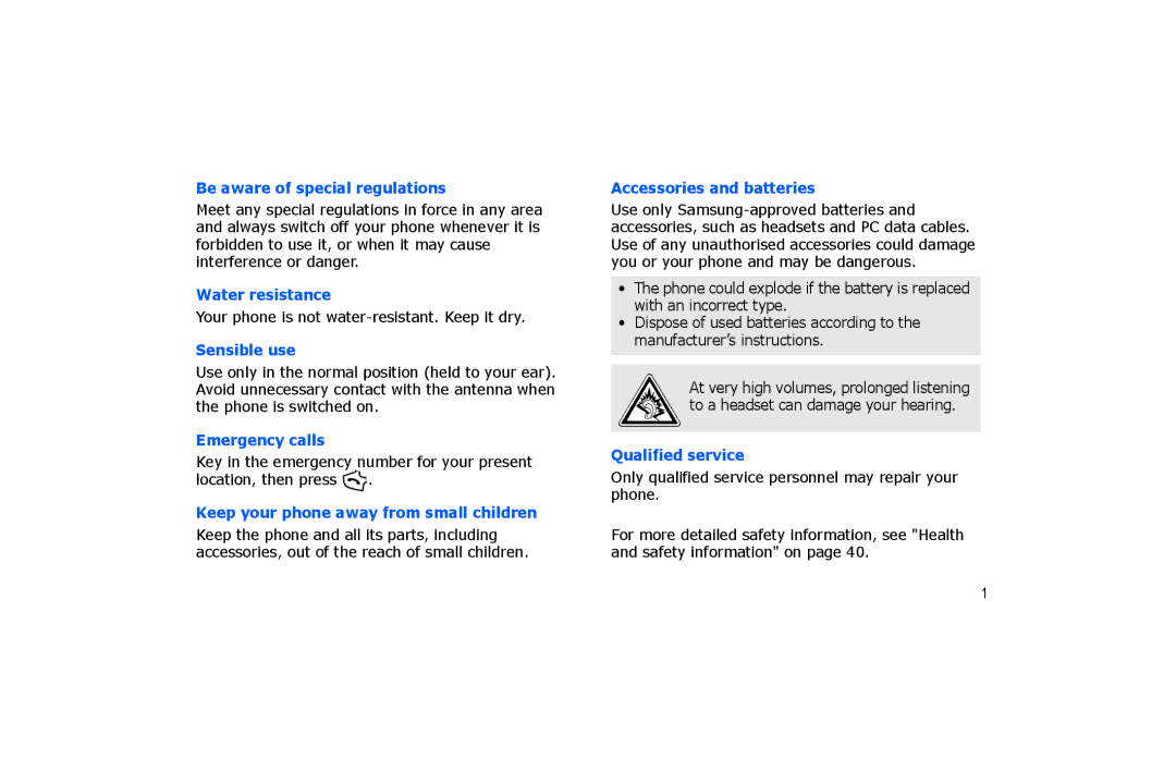 Samsung SGH-P260TSAFOP manual Water resistance 