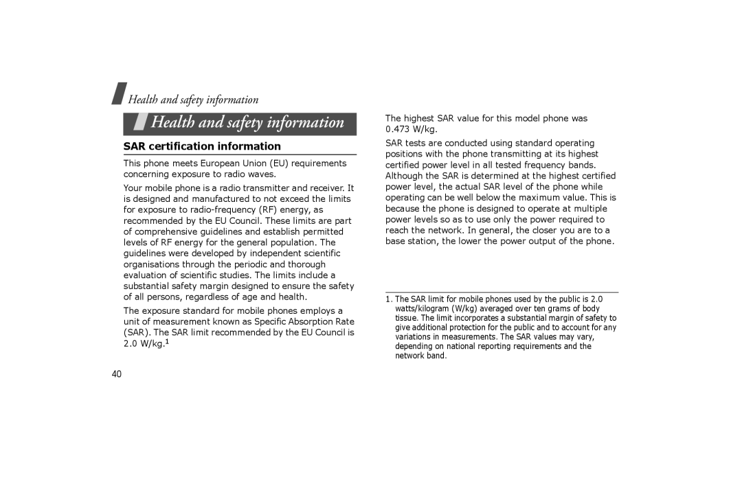 Samsung SGH-P260TSAFOP manual Health and safety information, SAR certification information 